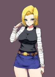 Rule 34 | 1girl, android 18, belt, blonde hair, breasts, buckle, dragon ball, dragonball z, impossible clothes, impossible shirt, ishimiso (ishimura), large breasts, long sleeves, miniskirt, no legwear, pencil skirt, shirt, short hair, simple background, skirt, solo, thigh gap, thighs