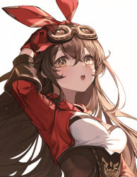 Rule 34 | 1girl, absurdres, adjusting goggles, amber (genshin impact), bad id, bad twitter id, brown eyes, brown hair, genshin impact, gloves, goggles, goggles on head, hair ribbon, highres, jacket, long hair, long sleeves, looking at viewer, open mouth, red gloves, red jacket, red ribbon, ribbon, simple background, solo, ttosom, upper body, white background