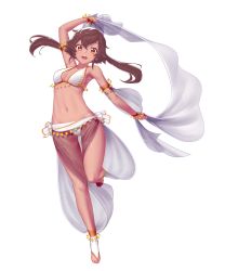 Rule 34 | 1girl, :d, anklet, arm up, armlet, bare legs, barefoot, breasts, brown hair, dancer, dark-skinned female, dark skin, dev (dev0614), full body, hair between eyes, harem outfit, highres, jewelry, medium breasts, navel, open mouth, original, sash, shiny skin, simple background, smile, solo, toeless legwear, toes, twintails, white background, yellow eyes