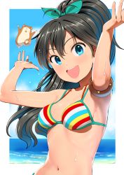 Rule 34 | 1girl, animal, antenna hair, armlet, armpits, bad id, bad twitter id, bare shoulders, bikini, black hair, blue eyes, blush, breasts, cleavage, ganaha hibiki, gradient background, hair ribbon, hamster, hamuzou, idolmaster, idolmaster (classic), inactive account, long hair, looking at viewer, navel, open mouth, pettan p, ponytail, ribbon, small breasts, smile, solo, sweat, swimsuit