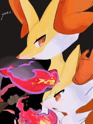 Rule 34 | 2others, animal ear fluff, animal ears, animal nose, artist name, black background, blush, body fur, braixen, creatures (company), delphox, fang, fire, fox ears, furry, game freak, gen 6 pokemon, hand up, highres, holding, holding stick, looking at viewer, looking to the side, multiple others, neck fur, nintendo, open mouth, other focus, pokemon, pokemon (creature), pyrokinesis, red eyes, signature, simple background, skin fang, snout, stick, two-tone fur, white fur, yellow fur, zen (koko)