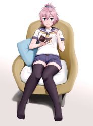 Rule 34 | 1girl, ahoge, aoba (kancolle), black thighhighs, blue eyes, blue sailor collar, blue shorts, book, chair, gradient background, hair between eyes, hair ornament, hair scrunchie, holding, holding book, kantai collection, looking at viewer, no shoes, ojipon, pink hair, ponytail, sailor collar, school uniform, scrunchie, serafuku, short sleeves, shorts, simple background, sitting, smile, solo, thighhighs, yellow neckwear
