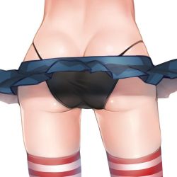 Rule 34 | 10s, 1girl, ass, ass focus, black panties, blue skirt, butt crack, close-up, from behind, kantai collection, microskirt, panties, pleated skirt, shimakaze (kancolle), simple background, skirt, solo, striped clothes, striped thighhighs, thighhighs, thong, underwear, white background, yamori (stom)