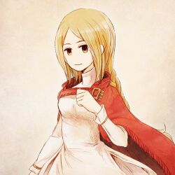 Rule 34 | 1girl, blonde hair, braid, breasts, brown background, brown eyes, dress, final fantasy, final fantasy tactics, long hair, looking at viewer, ray090611, red robe, robe, simple background, small breasts, smile, solo, upper body, white dress
