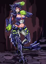 Rule 34 | 1girl, belt, blue hair, brachydios, breasts, claws, commentary request, corset, highres, horns, large breasts, looking at viewer, monster girl, monster hunter (series), navel, one leg raised, open mouth, personification, pointy ears, red eyes, scales, short hair, slime (substance), solo, standing, stomach, tail, tongue, udetamago