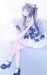 Rule 34 | 1girl, angel wings, animal ear fluff, animal ears, bug, butterfly, cat ears, cellphone, dress, grey eyes, grey hair, hair ornament, highres, insect, jewelry, long hair, nabi (uz02), necklace, original, phone, ribbon, shoes, smartphone, white dress, white wings, wings