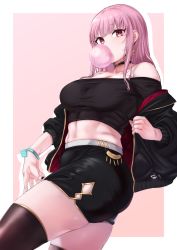 Rule 34 | 1girl, bad id, bad twitter id, black jacket, black nails, black shirt, black skirt, black thighhighs, bracelet, breasts, blowing bubbles, casual, chewing gum, choker, cleavage, collarbone, earrings, highres, hololive, hololive english, jacket, jewelry, large breasts, medium hair, midriff, moisture (chichi), mori calliope, nail polish, navel, pink hair, red eyes, shirt, skirt, solo, taut clothes, taut shirt, thighhighs, thighs, toned, virtual youtuber