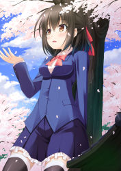 Rule 34 | 1girl, arm up, black hair, black thighhighs, blazer, blush, cherry blossoms, impossible clothes, jacket, open mouth, original, school uniform, short hair, skirt, solo, thighhighs, tree, yoruda