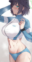 Rule 34 | 1girl, aqua eyes, bikini, black hat, blue archive, blue bikini, blue jacket, blush, breasts, cropped jacket, deras, grey hair, halo, hat, highres, jacket, large breasts, long sleeves, looking at viewer, multicolored clothes, multicolored jacket, navel, official alternate costume, saki (blue archive), saki (swimsuit) (blue archive), short hair, sidelocks, solo, stomach, swimsuit, thighs, two-tone jacket, wet, white jacket