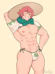 Rule 34 | 1boy, abs, arm behind head, bara, bare pectorals, beige headwear, belka dog, bikini briefs, blush, brown hat, bulge, clothes lift, creatures (company), feet out of frame, freckles, game freak, green eyes, hat, inverted nipples, large pectorals, male focus, male underwear, milo (pokemon), muscular, muscular male, navel, nintendo, nipples, no pants, one eye closed, pectorals, pink hair, pokemon, pokemon swsh, print male underwear, puffy chest, shirt, shirt lift, short hair, solo, stomach, sun hat, thick thighs, thighs, underwear, white male underwear, white shirt