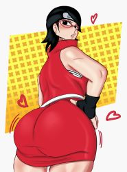 Rule 34 | 1girl, ass, bare shoulders, black eyes, black gloves, black hair, blush, boruto: naruto next generations, dress, fingerless gloves, from behind, glasses, gloves, headband, heart, highres, huge ass, konohagakure symbol, lips, looking back, motion lines, naruto (series), parted lips, red dress, short hair, simple background, sleeveless, solo, thick thighs, thighs, uchiha sarada, wide hips, yamathegod