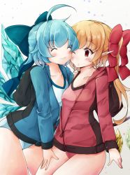 Rule 34 | 2girls, ^ ^, ahoge, alternate costume, blue bow, blue eyes, blue hair, blue jacket, blue one-piece swimsuit, bow, cirno, closed eyes, closed mouth, cowboy shot, crystal, flandre scarlet, gradient background, hair bow, ice, ice wings, jacket, jyaoh0731, long hair, looking at another, multiple girls, one-piece swimsuit, one eye closed, one side up, pointy ears, red bow, red eyes, red jacket, red one-piece swimsuit, short hair, smile, swimsuit, swimsuit cover-up, touhou, wings