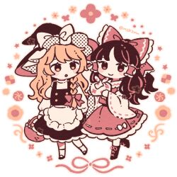 Rule 34 | 2girls, apron, basket, black hair, black headwear, black skirt, black vest, blonde hair, blush stickers, boots, bow, braid, buttons, checkerboard cookie, closed mouth, commentary, cookie, double-breasted, flower, food, full body, hair bow, hair tubes, hakurei reimu, halftone, hat, hat bow, holding, holding basket, kirisame marisa, long hair, long sleeves, mozukuzu (manukedori), multiple girls, parted lips, red bow, red flower, red ribbon, red skirt, red vest, ribbon, shoes, side braid, single braid, skirt, skirt set, smile, socks, standing, thumbprint cookie, touhou, twitter username, vest, waist apron, wavy hair, white apron, white background, white bow, white sleeves, white socks, wide sleeves, witch, witch hat
