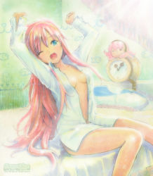 Rule 34 | 1girl, arms up, bad id, bare legs, bed, breasts, cleavage, dress shirt, legs, light rays, long hair, mayo riyo, megurine luka, naked shirt, no bra, one eye closed, open clothes, open shirt, pale color, pink hair, shirt, sitting, solo, stretching, sunbeam, sunlight, takoluka, traditional media, very long hair, vocaloid, white shirt, wink, yawning