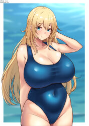 Rule 34 | 1girl, aqua eyes, atago (kancolle), blonde hair, blue one-piece swimsuit, blush, breasts, cleavage, covered navel, dated, day, highres, huge breasts, impossible clothes, impossible swimsuit, kantai collection, long hair, looking at viewer, ocean, one-hour drawing challenge, one-piece swimsuit, shiromaru (maniado), smile, solo, swimsuit, twitter username, water, white background