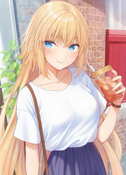 Rule 34 | 1girl, bag, blonde hair, blouse, blue eyes, blue skirt, blush, breasts, casual, closed mouth, collarbone, commentary request, contemporary, dress, drink, drinking straw, fate/apocrypha, fate (series), hair between eyes, handbag, holding, holding drink, ice, ice cube, jeanne d&#039;arc (fate), jeanne d&#039;arc (ruler) (fate), long hair, looking at viewer, medium breasts, nananichi, shirt, skirt, smile, solo, very long hair, white shirt