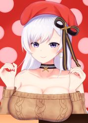 Rule 34 | 1girl, azur lane, belfast (azur lane), belfast (shopping with the head maid) (azur lane), beret, blush, bow, breasts, brown sweater, bubble background, choker, cleavage, collarbone, earrings, hair bow, hat, highres, jewelry, large breasts, long hair, long sleeves, looking at viewer, oreon z, purple eyes, red background, red headwear, smile, standing, sweater, table, upper body, white hair