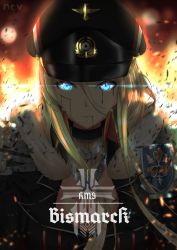 Rule 34 | 1girl, azur lane, bismarck (azur lane), black choker, black hat, black jacket, bleeding, blonde hair, blood, blood from mouth, bloody tears, blue eyes, breasts, character name, choker, cleavage, commentary, english commentary, fiery background, fire, fur trim, glowing, glowing eyes, hat, insignia, jacket, large breasts, long hair, military hat, nev (nevblindarts), peaked cap, solo, upper body
