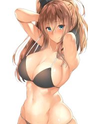Rule 34 | 10s, 1girl, armpits, arms behind head, arms up, b-ginga, bikini, blue eyes, blush, breasts, brown hair, cleavage, kantai collection, large breasts, long hair, saratoga (kancolle), side ponytail, smile, solo, swimsuit