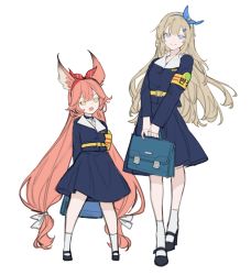 Rule 34 | 2girls, absurdres, animal ears, armband, bag, belt, black choker, black footwear, blonde hair, blue dress, blue eyes, blue hairband, bow, bow hairband, choker, chyoel, closed mouth, copyright request, dress, fang, hair bow, hairband, height difference, high heels, highres, holding, holding bag, holding suitcase, legs apart, long hair, long sleeves, looking at viewer, low-tied long hair, low twintails, multiple girls, open mouth, orange hair, red bow, red hairband, school uniform, shoes, simple background, sketch, skin fang, smile, socks, suitcase, twintails, very long hair, white background, white legwear, yellow belt