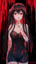 Rule 34 | 1girl, absurdres, arm at side, armpit crease, bare shoulders, black background, black hair, black nails, black wristband, blood, blood on breasts, blood on clothes, blood on face, blood on hands, blood on leg, blood splatter, blood writing, blush, breasts, cc lin, chinese commentary, cleavage, collarbone, colored eyelashes, commentary request, cowboy shot, double-parted bangs, dress, eyelashes, finger to own chin, groin, hair between eyes, hair over breasts, hand up, highres, index finger raised, large breasts, long hair, looking at viewer, nail polish, open mouth, original, pixiv username, red eyes, side ponytail, skin tight, smile, solo, standing, straight-on, straight hair, strapless, strapless dress, teeth, twitter username, upper teeth only, very long hair