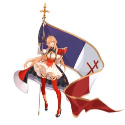 Rule 34 | 1girl, 4sterisk, azur lane, black footwear, black gloves, book, breasts, cleavage, cross, crown, dress, flag, french flag, full body, gloves, half gloves, high heels, highres, holding, holding flag, juliet sleeves, long hair, long sleeves, looking at viewer, open book, orange hair, puffy sleeves, red eyes, red thighhighs, richelieu (azur lane), shoes, simple background, solo, thigh strap, thighhighs, two-barred cross, very long hair, white background, white dress