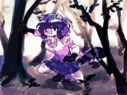 Rule 34 | 1girl, animal ears, arm up, bad id, bad twitter id, bare tree, blood, blood on face, bow, bowtie, breasts, claws, common raccoon (kemono friends), forest, full body, highres, inactive account, jmeysan, kemono friends, loafers, looking at viewer, medium breasts, mouse (animal), mouth hold, multicolored hair, nature, outdoors, outstretched arm, pleated skirt, raccoon ears, raccoon tail, shirt, shoes, short hair, skirt, solo, squatting, tail, tree