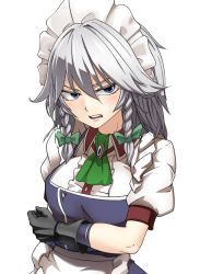 Rule 34 | 1girl, absurdres, apron, ascot, black gloves, blue eyes, blush, bow, braid, breast hold, breasts, center frills, collared shirt, commentary request, cropped torso, frills, gloves, green ascot, green bow, hair between eyes, hair bow, hair ribbon, highres, izayoi sakuya, kikoka (mizuumi), large breasts, looking at viewer, maid, maid apron, maid headdress, medium hair, open mouth, puffy short sleeves, puffy sleeves, ribbon, shirt, short sleeves, silver hair, simple background, solo, teeth, touhou, tress ribbon, twin braids, upper body, upper teeth only, white background