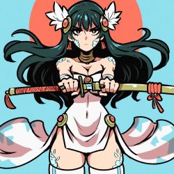 Rule 34 | 1girl, akairiot, aqua background, bare shoulders, black hair, commentary, cowboy shot, dress, earrings, english commentary, floating hair, highres, holding, holding sword, holding weapon, jewelry, long hair, looking at viewer, original, red eyes, ring, scales, serious, shadow, skindentation, solo, sword, tassel, tassel earrings, thighhighs, weapon, white dress