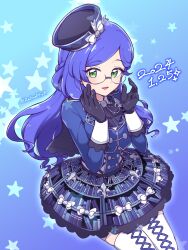 Rule 34 | 1girl, absurdres, aoba rinka, black gloves, black hat, blue background, blue hair, blue jacket, blue skirt, bow, braid, commentary request, cowboy shot, dated, frilled skirt, frills, glasses, gloves, green eyes, hands up, hat, highres, invisible chair, jacket, kiratto pri chan, layered skirt, long hair, long sleeves, looking at viewer, nana (retroplica), open mouth, pretty series, sitting, skirt, smile, solo, star (symbol), starry background, swept bangs, twitter username, white bow