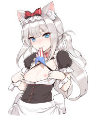 Rule 34 | 1girl, american flag, american flag print, animal ear fluff, animal ears, apron, azur lane, black dress, blue eyes, bow, breasts, breasts out, cat ears, choker, cleavage, cropped torso, dress, flag print, frown, hair bow, hammann (azur lane), highres, inverted nipples, long hair, looking at viewer, mouth hold, nipples, one side up, puffy short sleeves, puffy sleeves, red bow, ribbon choker, short sleeves, silver hair, simple background, small breasts, solo, sunaba suzume, waist apron, white background, wrist cuffs
