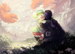 Rule 34 | 1boy, 1girl, 2018, :d, ^ ^, absurdres, blush, bondrewd, closed eyes, dated, closed eyes, flower, gloves, grass, green gloves, green hair, helmet, highres, holding, holding flower, hug, hug from behind, leg up, made in abyss, multicolored hair, on one knee, open mouth, plant, prushka, signature, skirt, smile, streaked hair, tree, white hair, yao (kiwi hiu)
