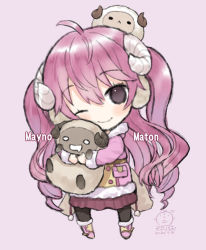 Rule 34 | 1girl, ;), ahoge, animal, animal hat, bad id, bad pixiv id, black eyes, black pantyhose, blush, boots, brown background, brown footwear, brown skirt, capriccio, chibi, closed mouth, commentary request, copyright request, curled horns, dated, full body, fur-trimmed boots, fur-trimmed jacket, fur-trimmed sleeves, fur trim, hair between eyes, hat, head tilt, horns, jacket, long hair, mayno maton, one eye closed, pantyhose, pleated skirt, purple hair, sheep, sheep horns, signature, simple background, skirt, smile, solo, standing, two side up, very long hair, virtual youtuber, yellow jacket