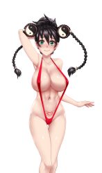 Rule 34 | 1girl, ar tonelico, areola slip, arm behind head, arm up, armpits, black hair, blush, braid, breasts, cleavage, collarbone, commentary, commission, covered erect nipples, cowboy shot, english commentary, gluteal fold, green eyes, hair between eyes, hair ornament, heart, heart tattoo, highres, huge breasts, long hair, looking at viewer, misha arsellec lune, navel, one-piece swimsuit, pubic tattoo, red one-piece swimsuit, simple background, slingshot swimsuit, smile, solo, swimsuit, tattoo, thigh gap, twin braids, twrlare, white background, yin yang