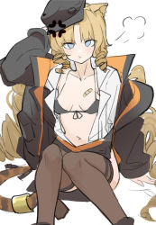 Rule 34 | 1girl, :t, anger vein, animal ears, arknights, arm behind head, bandaid, beret, black bra, black hat, black jacket, black thighhighs, blonde hair, blue eyes, bra, breasts, collarbone, commentary, drill hair, feet out of frame, front-tie bra, hat, hjl (15623862639), jacket, looking at viewer, navel, open clothes, open jacket, open shirt, puff of air, shirt, sitting, sketch, small breasts, solo, swire (arknights), tail, thighhighs, tiger ears, tiger girl, tiger tail, underwear, white shirt