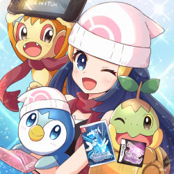 Rule 34 | 1girl, :d, bare shoulders, beanie, black shirt, blue background, blue eyes, blue hair, blush, chimchar, creatures (company), dawn (pokemon), game freak, gen 4 pokemon, hair ornament, hairclip, handheld game console, haru (haruxxe), hat, highres, holding, holding handheld game console, holding pokemon, light particles, long hair, looking at viewer, nintendo, nintendo dsi, nintendo switch, one eye closed, open mouth, piplup, poke ball symbol, pokemon, pokemon (creature), pokemon bdsp, pokemon dppt, red scarf, scarf, shirt, smile, sparkle, turtleneck, turtwig, video game, white headwear, yellow bag