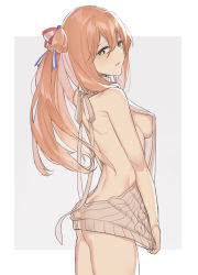 Rule 34 | 1girl, a821, backless outfit, bare arms, bare back, bare shoulders, blush, breasts, brown hair, cowboy shot, girls&#039; frontline, green eyes, hair between eyes, hair ribbon, long hair, looking at viewer, looking back, springfield (girls&#039; frontline), medium breasts, meme attire, naked sweater, parted lips, ribbon, sideboob, simple background, solo, standing, sweater, turtleneck, turtleneck sweater, virgin killer sweater, white background