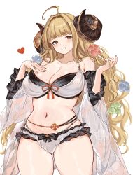 Rule 34 | 1girl, absurdres, ahoge, anila (granblue fantasy), anila (summer) (granblue fantasy), bikini, blonde hair, breasts, cleavage, granblue fantasy, hair ornament, hand in own hair, hand on own chest, highres, horns, hoshido1214, large breasts, long hair, sheep horns, solo, stomach, swimsuit, thighs, very long hair, white background, yellow eyes