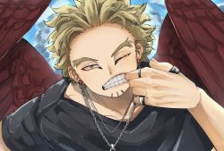 Rule 34 | absurdres, barururunru, black shirt, blonde hair, boku no hero academia, chain, chain necklace, eye contact, eyeliner, facial hair, feathered wings, finger in own mouth, hawks (boku no hero academia), highres, jewelry, looking at another, looking at viewer, makeup, messy hair, necklace, one eye closed, red stud earrings, red wings, ring, shirt, short hair, solo, t-shirt, teeth, wings