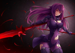 Rule 34 | 1girl, armor, bodysuit, covered navel, dual wielding, fate/grand order, fate (series), gae bolg (fate), holding, holding weapon, long hair, looking at viewer, mukunokino isshiki, open mouth, pauldrons, polearm, purple bodysuit, purple hair, red eyes, scathach (fate), scathach (fate), shoulder armor, solo, spear, torn clothes, weapon