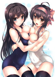Rule 34 | 2girls, black legwear, blue eyes, blush, breast press, breasts, brown eyes, brown hair, cleavage, covered navel, fang, hug, large breasts, long hair, multiple girls, one-piece swimsuit, open mouth, original, school swimsuit, smile, swimsuit, symmetrical docking, tenchou no matsumoto, thighhighs, white school swimsuit, white one-piece swimsuit