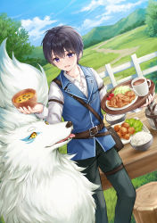 Rule 34 | 1boy, :d, animal, black hair, black pants, blue sky, blue vest, bowl, cherry tomato, chicken (food), cloud, collared shirt, commentary request, copyright request, cup, day, fence, food, food request, fried chicken, hair between eyes, higeneko, highres, holding, holding bowl, holding tray, long sleeves, male focus, mountain, mug, novel illustration, official art, open mouth, outdoors, pants, purple eyes, shirt, sky, smile, solo, standing, table, tomato, tray, tree stump, vest, white shirt