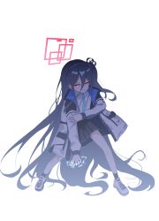 Rule 34 | &lt;key&gt; (blue archive), 1girl, absurdly long hair, absurdres, black hair, black skirt, black socks, blue archive, blue necktie, collared shirt, full body, halo, highres, jacket, kiroshi, long hair, long sleeves, necktie, one side up, open clothes, open jacket, open mouth, pleated skirt, red eyes, red halo, shirt, shoes, simple background, skirt, socks, solo, two-sided fabric, two-sided jacket, very long hair, white background, white footwear, white jacket, white shirt