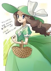Rule 34 | 1girl, absurdres, aqua eyes, asamaru1225, basket, blush, brown hair, clenched hand, cosplay, creatures (company), dress, eyelashes, game freak, green dress, green hat, hat, hat ribbon, highres, hilda (pokemon), lady (pokemon), lady (pokemon) (cosplay), long hair, looking at viewer, looking to the side, nintendo, open mouth, pokemon, pokemon bw, pokemon rse, ribbon, short sleeves, sidelocks, solo, sun hat, translation request, white ribbon