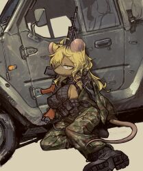 1girl :3 animal_ears animal_nose assault_rifle black_footwear blonde_hair boots breasts camouflage camouflage_pants chest_harness cowlick furry furry_female gun harness highres holding holding_gun holding_weapon juerucj long_hair looking_at_viewer mitsubishi_pajero mouse_ears mouse_girl mouse_tail original pants pouch prosthesis prosthetic_arm rifle sideless_outfit sitting snout solo tail weapon yellow_eyes