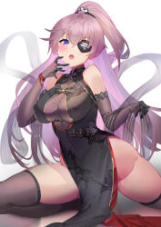 Rule 34 | 1girl, azur lane, blue eyes, blush, breasts, china dress, chinese clothes, cleavage, cleavage cutout, clothing cutout, dress, elbow gloves, eyepatch, gloves, hand to own mouth, large breasts, long hair, looking at viewer, open mouth, pink hair, ponytail, scharnhorst (azur lane), scharnhorst (panther und pflaume) (azur lane), thighhighs, thighs, very long hair, yoshimoto (dear life)