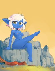 Rule 34 | 1girl, absurdres, barefoot, blue skin, borvar, breasts, colored skin, feet, full body, goggles, goggles on head, grass, highres, league of legends, leg lift, legs, looking at viewer, navel, nipples, nude, orange sky, pointy ears, rock, short hair, shortstack, sitting, sky, small breasts, smile, solo, swept bangs, tristana, white hair, yellow eyes, yordle
