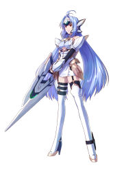 Rule 34 | 00s, 1girl, absurdres, android, bare shoulders, blue hair, breasts, forehead protector, full body, garter straps, gloves, high heels, highres, huge weapon, kos-mos, kos-mos ver. 4, large breasts, legs, long hair, long legs, official art, project x zone, red eyes, shoes, simple background, solo, sword, thighhighs, thighs, twintails, underboob, very long hair, weapon, white background, xeno (series), xenosaga, xenosaga episode iii