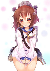 Rule 34 | 10s, 1girl, blush, brown eyes, brown hair, covering privates, covering crotch, dress, highres, kantai collection, open mouth, personification, sailor dress, school uniform, serafuku, short hair, solo, sumisu (mondo), wavy mouth, yukikaze (kancolle)