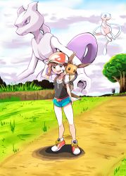 Rule 34 | 1girl, :3, :d, :o, aqua eyes, ayo009, backpack, bag, baseball cap, black shirt, blue shorts, brown eyes, brown hair, commentary request, creature, creatures (company), day, eevee, elaine (pokemon), game freak, gen 1 pokemon, grass, hand on headwear, happy, hat, highres, legendary pokemon, mew (pokemon), mewtwo, mythical pokemon, nintendo, on shoulder, open mouth, outdoors, pokemon, pokemon (creature), pokemon lgpe, pokemon on shoulder, purple eyes, serious, shirt, shoes, short shorts, short sleeves, shorts, sign, smile, standing, tree